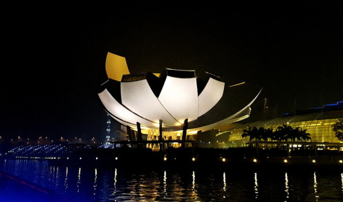 ArtScience Museum integrated to Marina Sands hotel. View from our night cruise boat