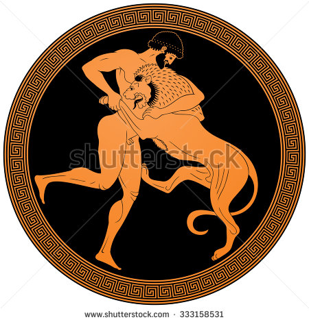 Hercules wrestling the Nemean Lion, the first of Heracles twelve labors vector illustration in red figure vase ancient Greek painting style