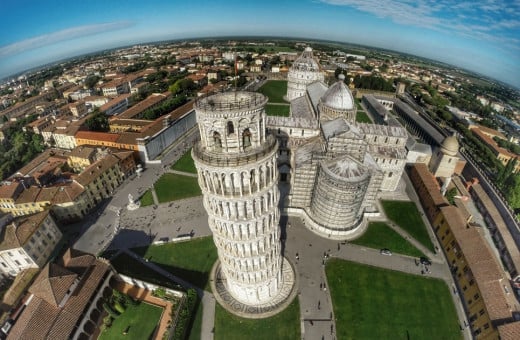 This is what the Leaning Tower of Pisa in Italy looks like from a drone.