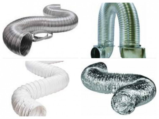 Starting from the top left:  #1 All Aluminum, Hard Shell Flex Duct, -  Approved!  #2 All Aluminum, Hard shell  Flex Duct with 90 degree rotating heads - Approved!  #3 White Vinyl, Wire Flex Tube - Do Not Use!  #4 Wire Aluminum Paper Foil - Do Not Use