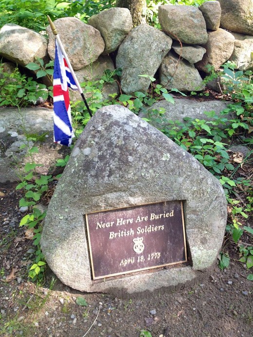 Grave markers along Battle Road in Lexington are maintained with Britain's 1775 version of the Union Flag.