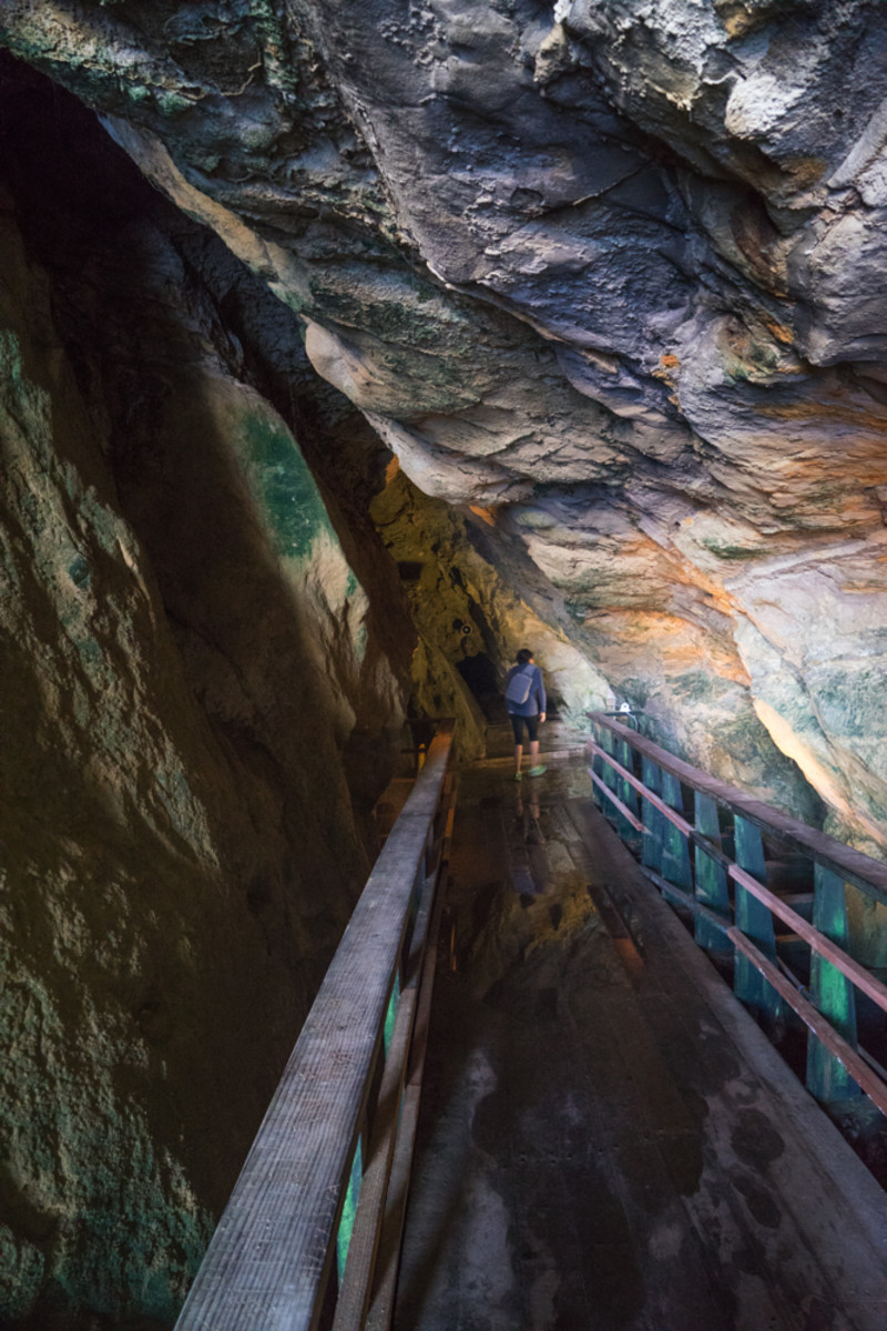 Unique rock colors inside the Sunny Jim sea cave.
