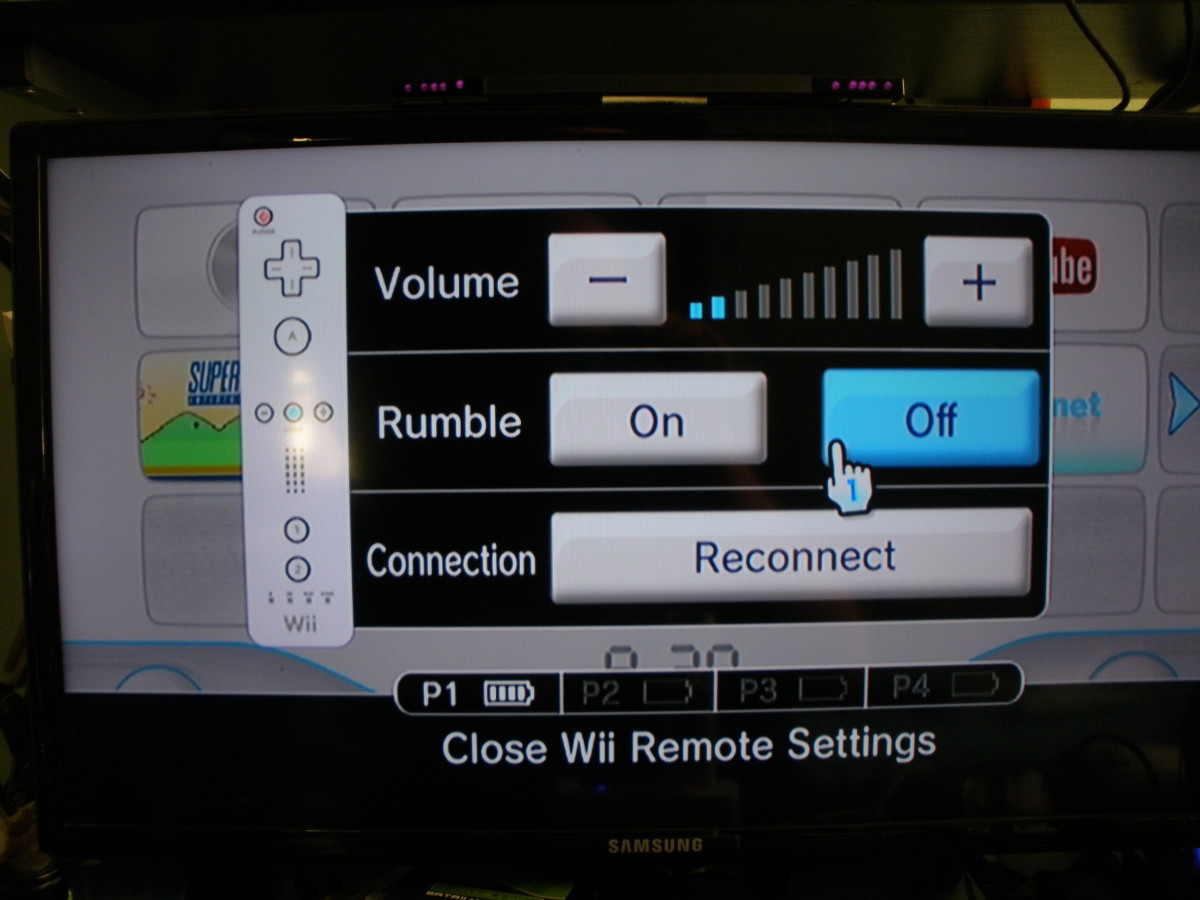 By hitting the Home button on your Wii Remote from any screen or game, you can select the Wii Remote Settings menu where you can disable the rumble feature and reduce the volume of the Wiimote's speaker to save battery power to use for extended play.