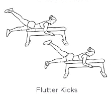 Using a bench, lying on your stomach with your legs hanging off, control the switching of legs.