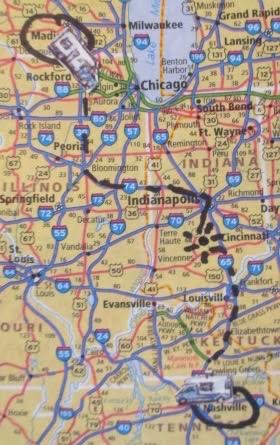 Madison to Nashville; stopping in Columbus, IN where we were warmly welcomed and well fed by Jeani and her mom.