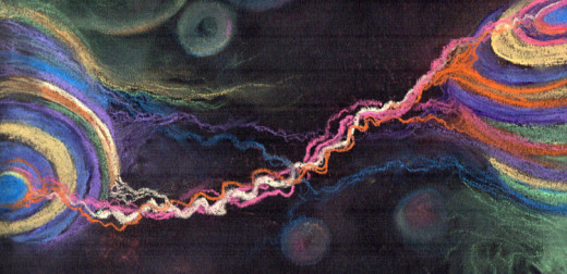 An artist's conception of sound and feelings transferred between musician and audience,  soft pastel on black paper.