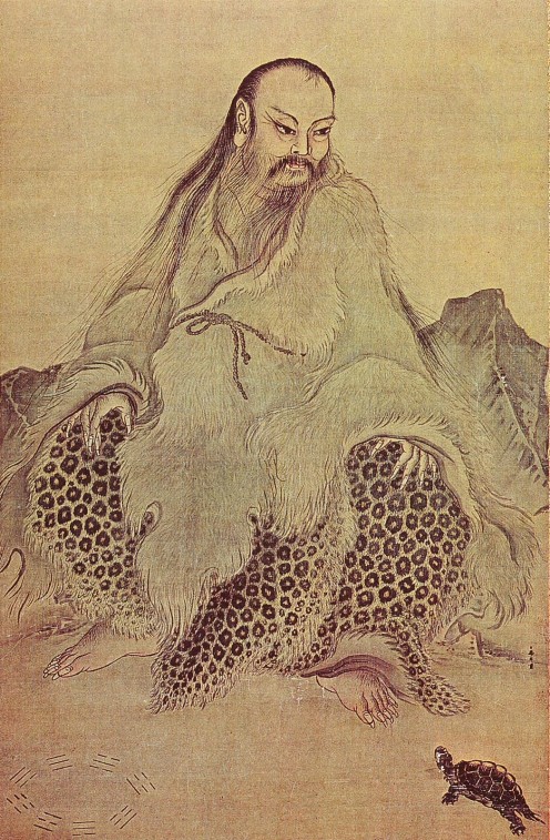 Fu Xi watches the Luo Shu turtle emerge from the River Luo.