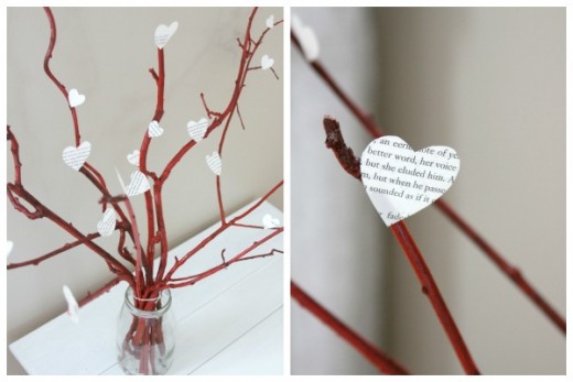 You can craft sticks and newspapers into a beautiful centerpiece with a Valentine's Day theme.