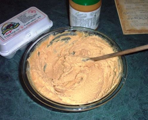 A wooden spoon is all you need to cream the butter and sugar and mix in the eggs and peanut butter.