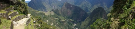 Machu Picchu from The Gateway to the Sun. You can see the Hiram Bingham Highway that leads up the cliff side to the ruins.