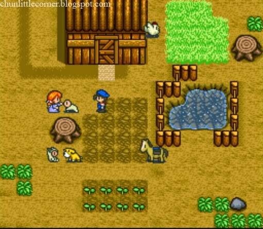 Player, wife, children, dog, chicken, and horse on the farm
