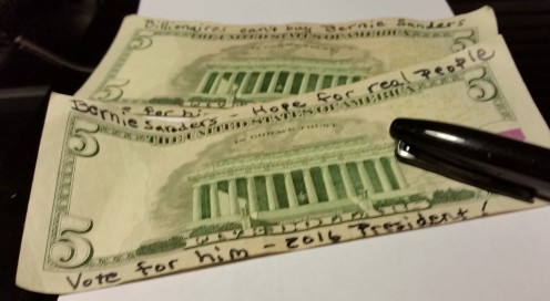I've written Bernie's campaign slogans on money before I went shopping. (yes, it's legal) These are called Bernie Bucks. Everyone who handles the money, as it gets spent and re-spent, gets informed about Bernie.,