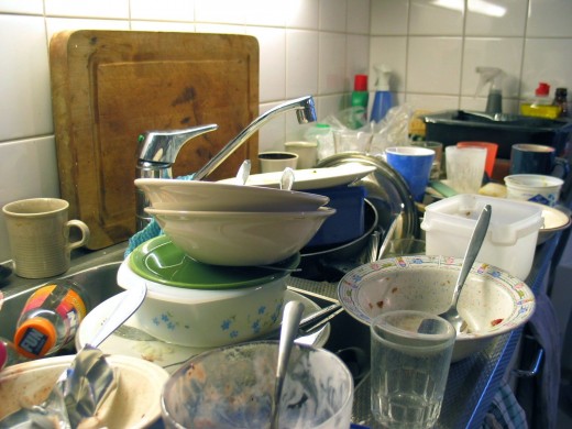 "Unwashed dishes in a sink; an authentic situation."