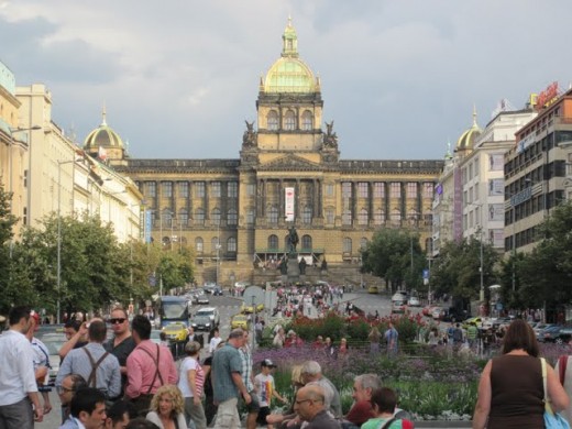 On this picture, you can see the building of the National Museum with the statue of St. Wenceslas in front of it