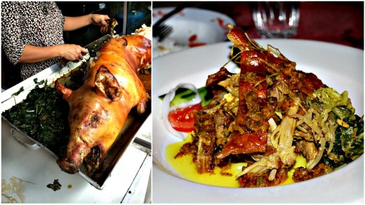 Babi Guling (Roast piglet) : (left picture) Sliced roast pork with rice : (right picture)