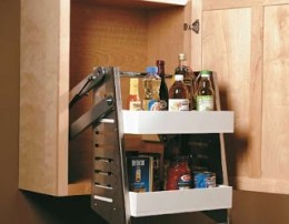Pull-down shelving brings top shelf items safely to your fingertips.