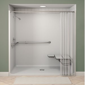 This is a great example of a no-threshold shower, complete with safety grab bars and a mounted shower seat.