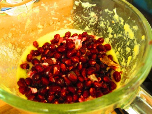Pomegranate seeds were added to the already pureed apples, oranges, almond milk, and chia seeds.