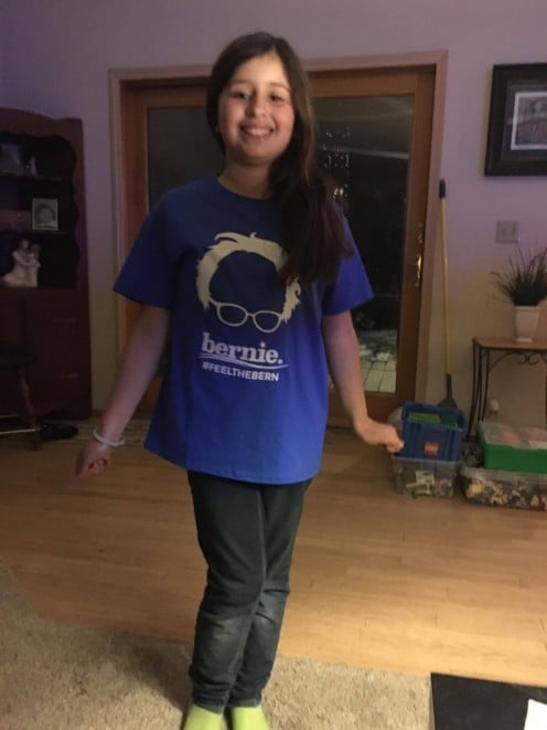 Here's Sofia ready to head to school. She worried that some kids might tease her for being a Bernie fan, but it went fine. 