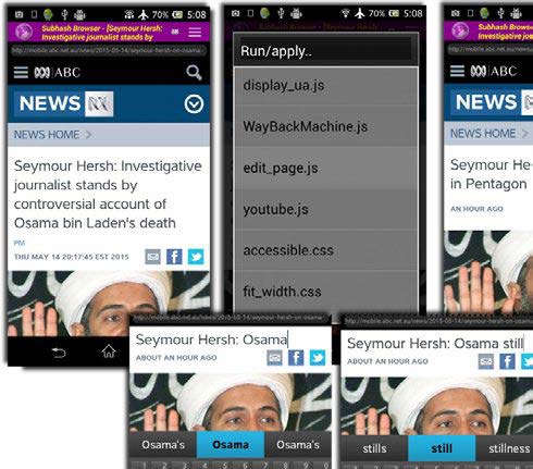 Figure 5: Subhash Browser & Feed Reader, an app created by this writer, supports user scripts and styles. JS and CSS files prefixed with an underscore will be executed/applied automatically on all pages
