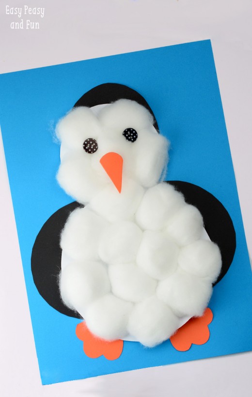Construction paper, cotton balls, button eyes, craft glue and scissors are all you need to make this cute penguin craft idea for kids.