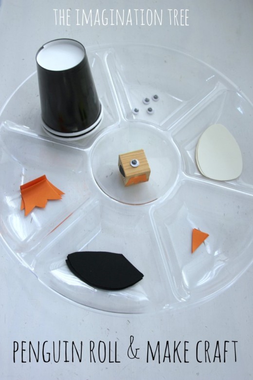Take turns rolling the dice.  Each number matches a penguin part.    Start with the black paper cup and glue pieces on to make a penguin.  Roll and play - it's easy and fun.