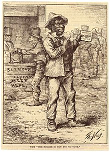 Racist Historical American cartoon titled Why the "N word" is not fit to vote