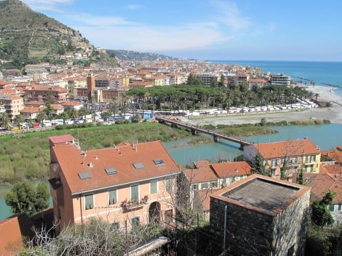 The new town of Ventimiglia, Liguria, seen from the old town. The market and the public gardens are visible.