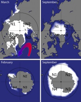 Ice depositions grow usually centric around the pole, unless a phenomena like the Warm Gulfstream makes it acentric like you can see on the North pole in March.