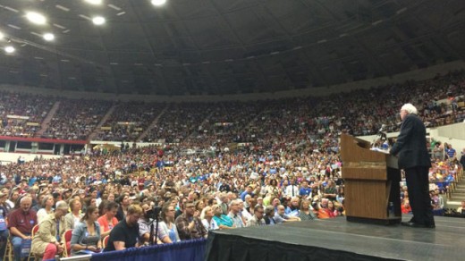 Bernie Sanders speaks to a massive crowd of supporters.