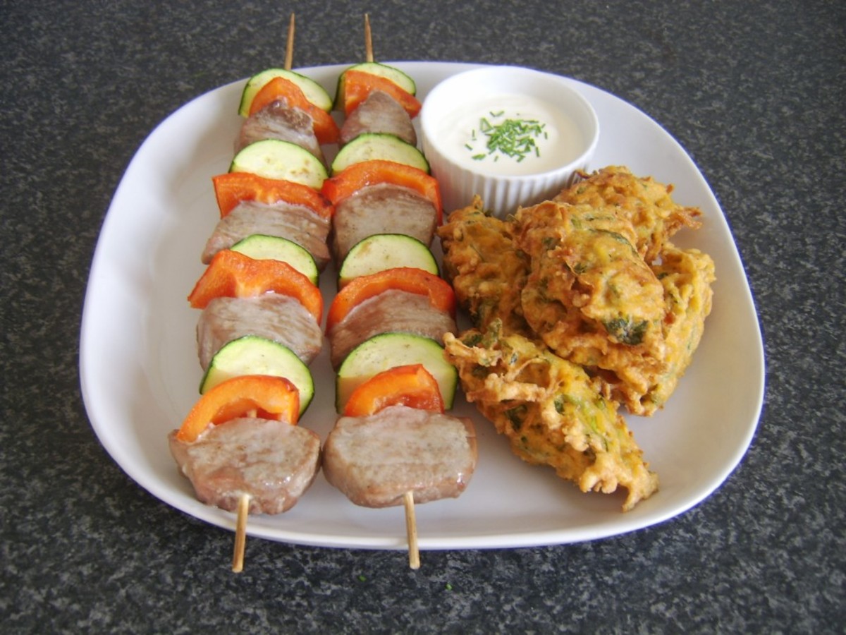 Tuna and vegetable skewers with homemade sweet potato fritters and dip