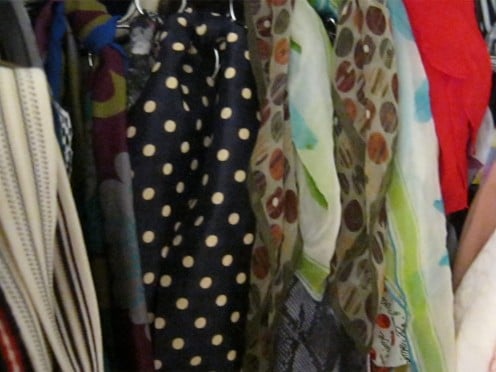 Scarves hung in the closet on an accessory holder.