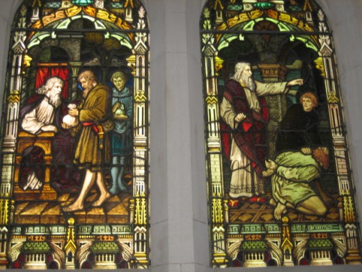 Depiction of the Parable of the Unmerciful Servant. Photograph of stained glass window at Scots' Church, Melbourne