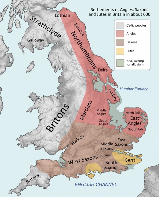 The early kingdoms from the East Angles, Mercia and Northumbria to  Wessex, This map shows the physical aspect of the part of Britain that would become England, as well as its nearest Celtic neighbours 