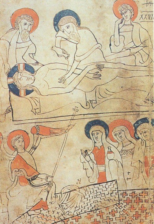 "This page of a Hungarian manuscript from 1192-1195, discovered by György Pray, shows the burial of Jesus."