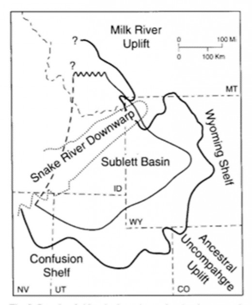 Figure 3 - The shape and size of the Dinwoody Formation as it stretches across four states(Bucher 2013).