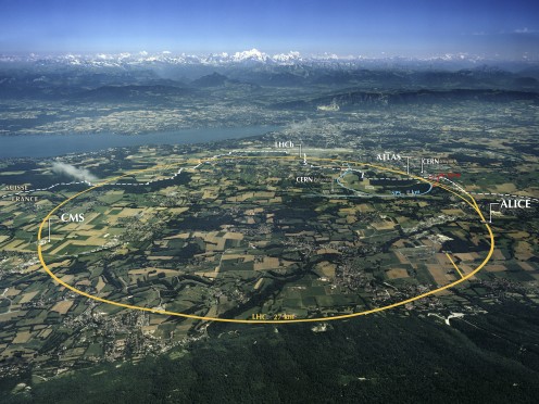 Circular yellow line represents LHC beneath the ground