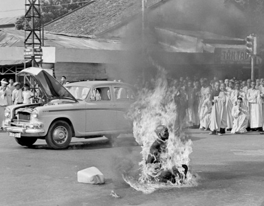 Thich Quang Duc setting himself on fire to protest the mis-treating of Vietnamese Buddhists by the government