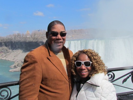 My husband Walker and I take a quick photo at Niagara Falls in Ontario, Canada.
