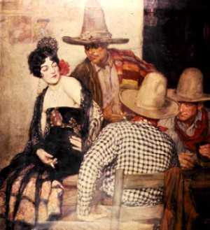 An early painting of a saloon girl keeping her customers happy.