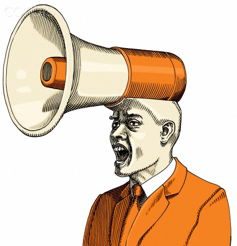 This is your view of your boss, but he wears this bullhorn for yelling only at you.