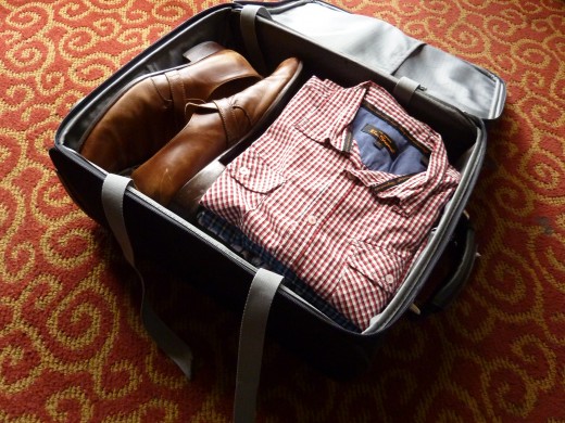 Suitcase4.jpg by Seeman.  Shown, a pair of comfortable looking brown shoes and a casual shirt in a suitcase.