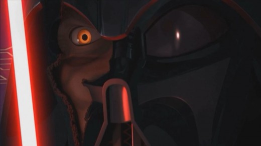 A powerful scene in the 2nd season finale of 'Star Wars Rebels'; Ahsoka's vision of what's left of Anakin behind Vader's mask during their lightsaber duel