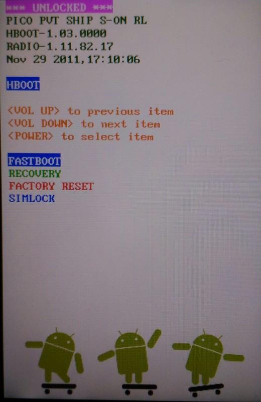 The three android menu. At the top it shows that the bootloader is unlocked.