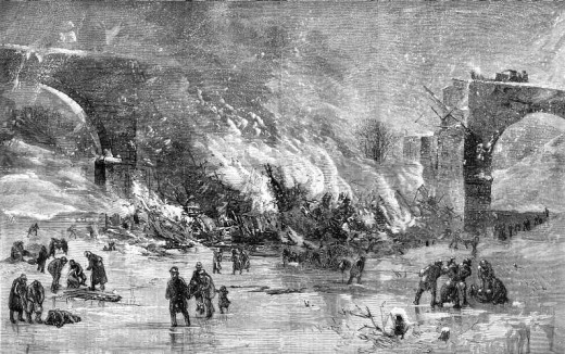 Wood engraving depicting the Ashtabula Bridge Disaster. The artist is not known, but because it was published in the United States before 1923