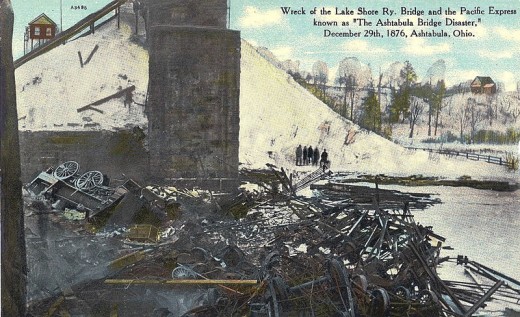 Postcard photo from the Ashtabula River Bridge disaster that occurred in 1876. Date 12 February 1910 by F. M. Kirby Company