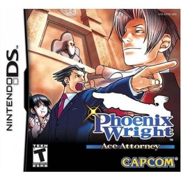 Phoenix Wright: Ace Attorney Nintendo DS game cover. From left to right: Maya Fey, Phoenix Wright, Miles Edgeworth. At the back: the Judge