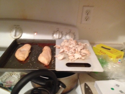 Pre-cook 3 breasts of chicken and dice them up before making the salad.  This can be done several days before making the salad.
