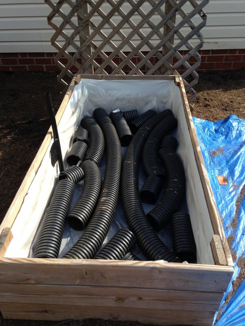 Lined with corrugated pipe (open-ended and holes throughout). The idea is that these pipes hold a structure for water to flow freely under the soil.