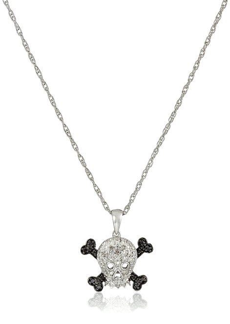 This sterling silver black and white diamond accent skull pendant necklace is a perfect decoration for those wearing glamorous and elegant Halloween costumes